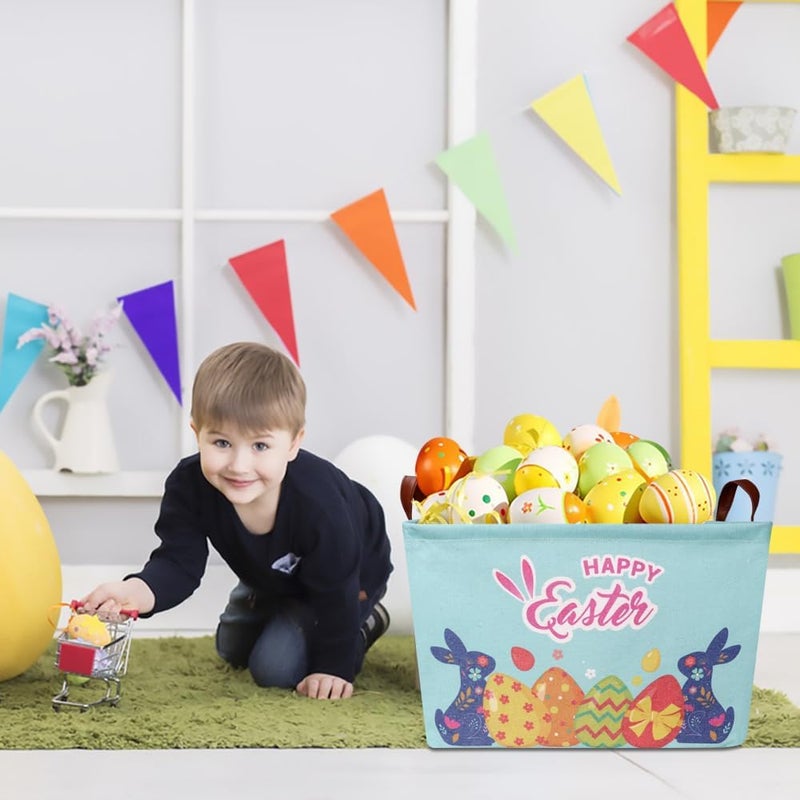 CLOCOR Rectangular Blue Easter Egg Gift Basket Empty,Waterproof Storage Basket with Handles,Room Decor(Blue Easter Bunny) - Image 2